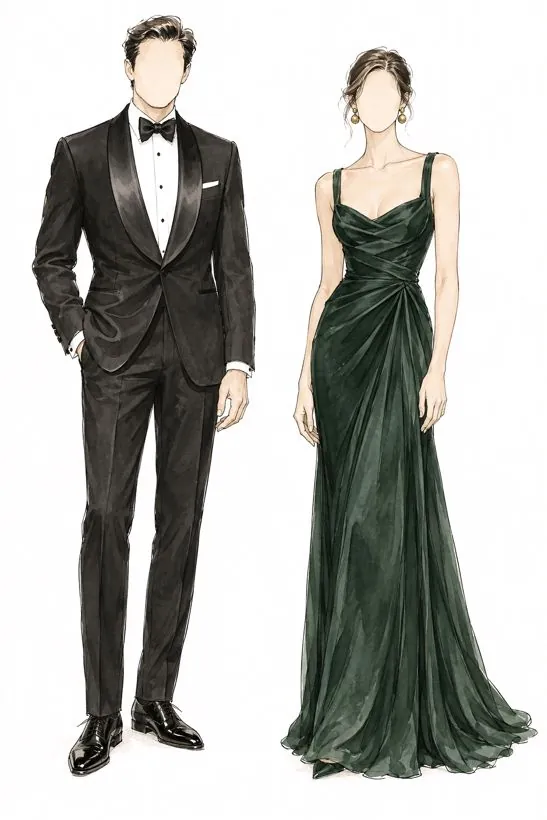 Ink sketch of black tie: a dinner jacket and an evening gown